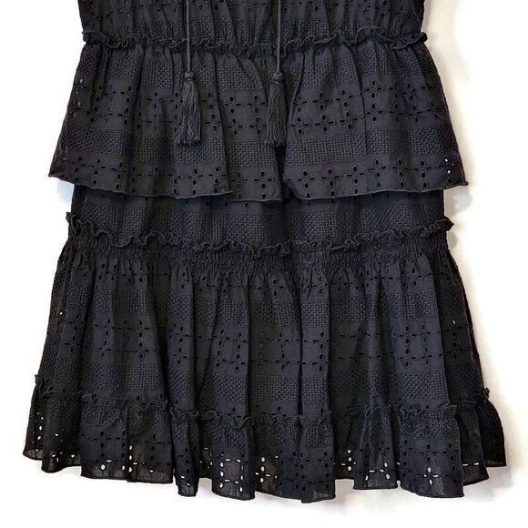 SHOL Los Angeles Eyelet Ruffle Dress Tiered Black Mini Dress Boho Party Size 14 - Picture 8 of 16